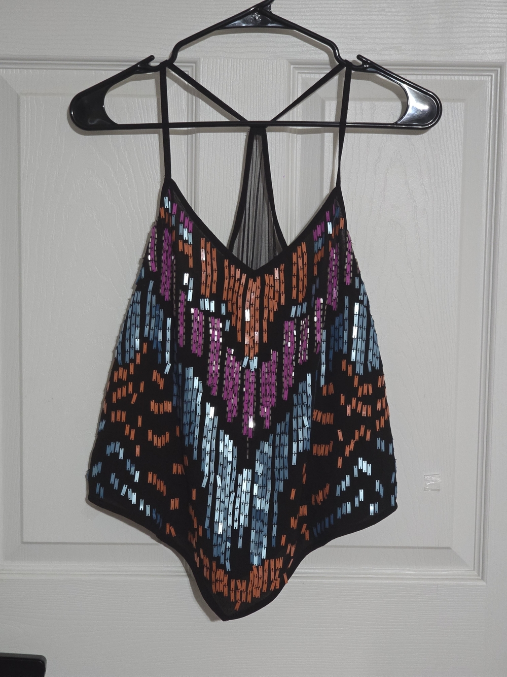 Women’s Beaded Black Strappy Camisole with Multicolor Sequin Design